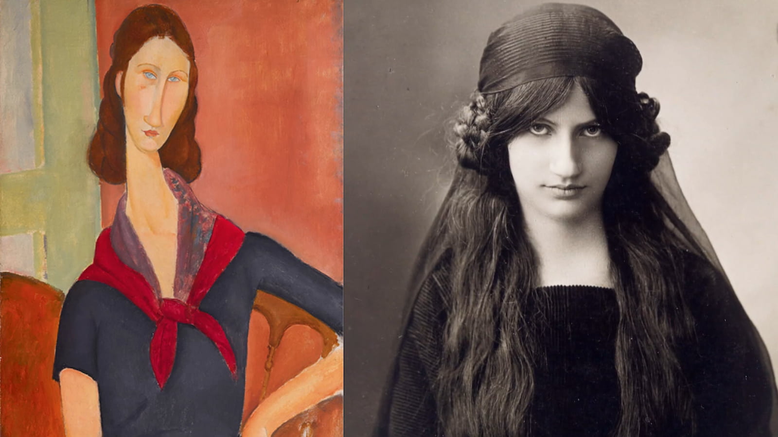 畫家莫迪里安尼畫作《戴圍巾的珍妮．赫布特尼》與珍妮本人。圖／《藝術家與他的情人》
