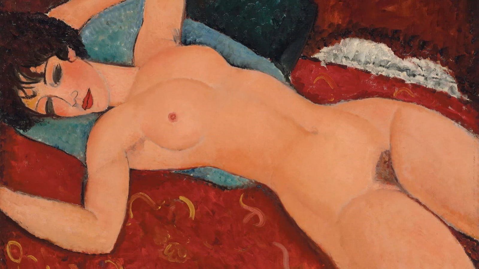 莫迪里安尼的畫作《斜躺的裸女》。圖／《藝術家與他的情人》