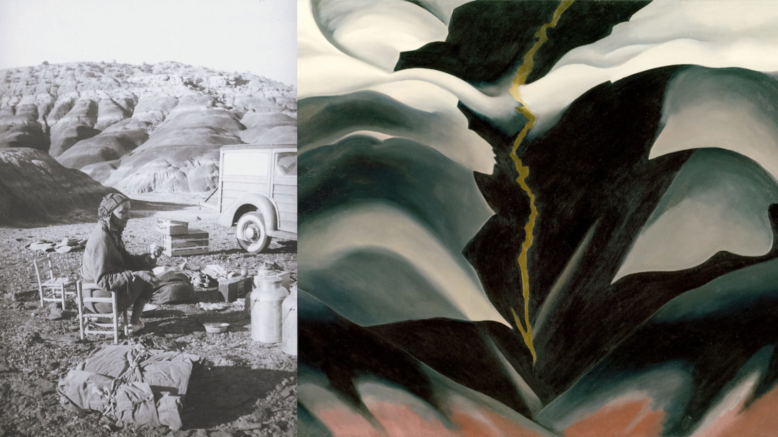 歐姬芙在「黑色的地方」與畫中「黑色的地方」。劇照／《沙漠中的花朵─歐姬芙》