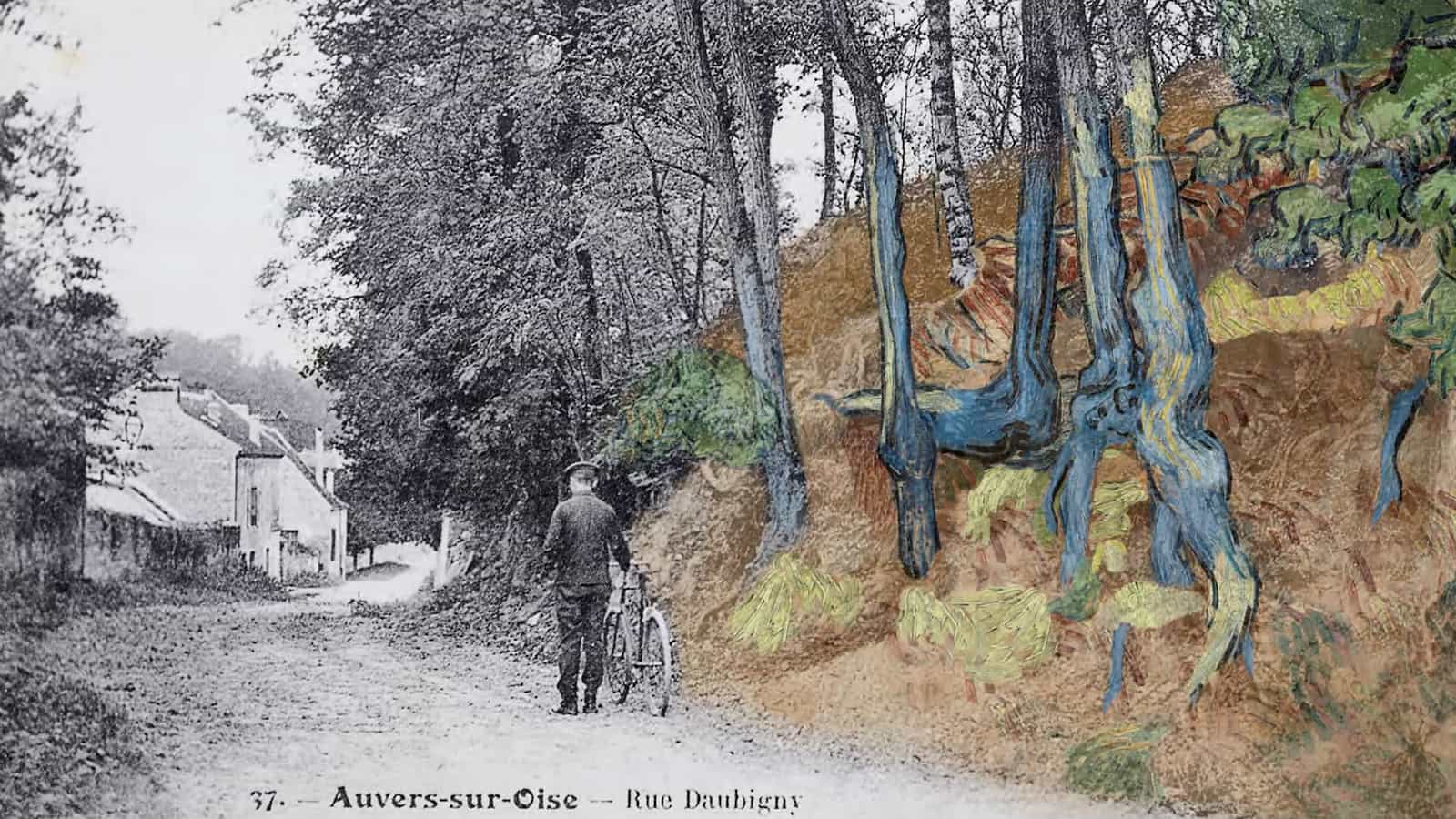 一張明信片解開梵谷遺作之謎，阿姆斯特丹梵谷美術館收藏的《樹根》（Tree Roots），這件未完成的作品是最後的遺作，繪製地點就在奧維爾小鎮。劇照／《梵谷的樹根懸案》