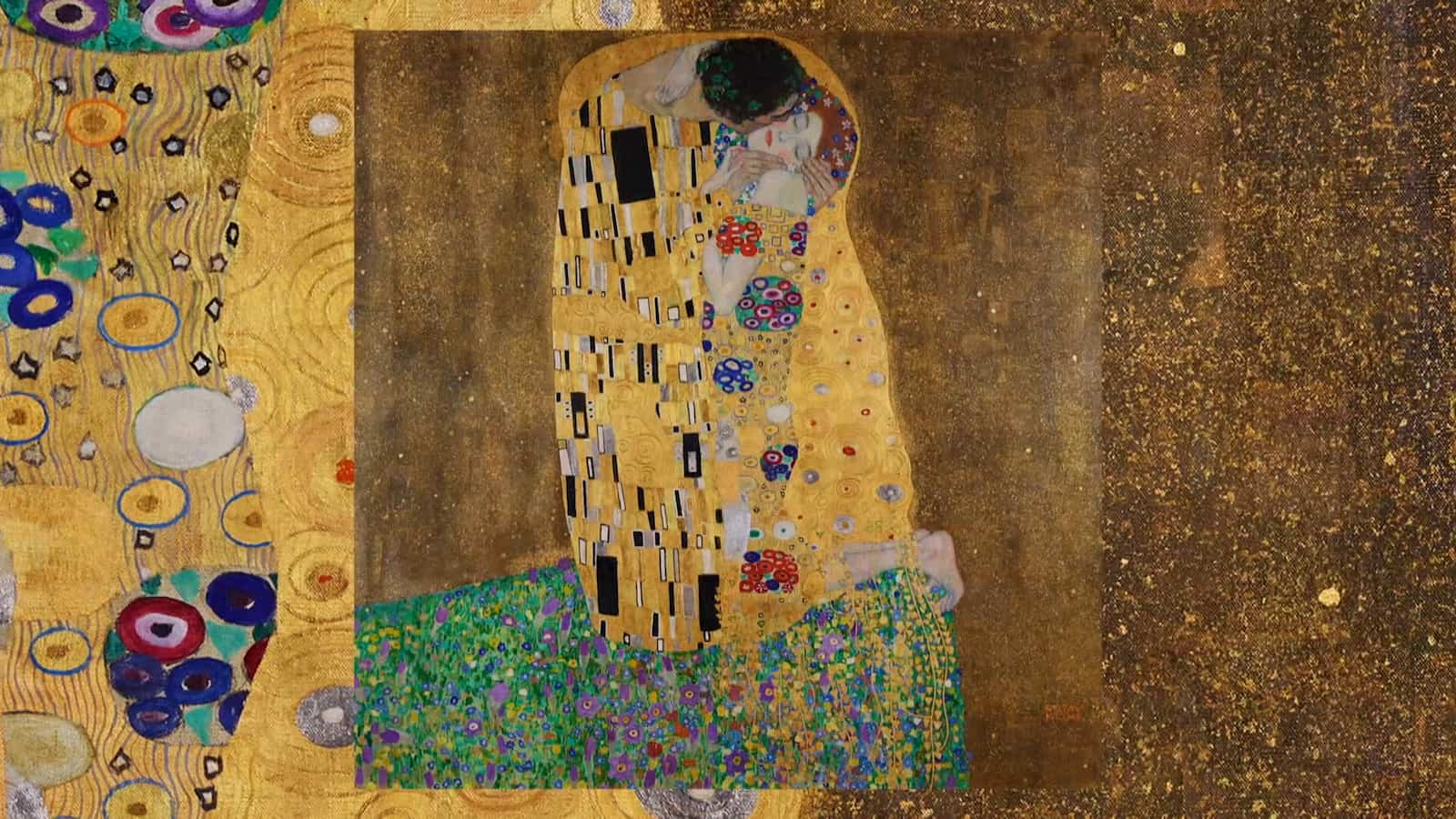 古斯塔夫．克林姆（Gustav Klimt）的代表作《吻》（The Kiss）描繪一對相擁在一起的戀人，金色長袍將他們的身體纏繞在一起，被視為是20世紀早期的經典。圖／《藝術家與他的情人》