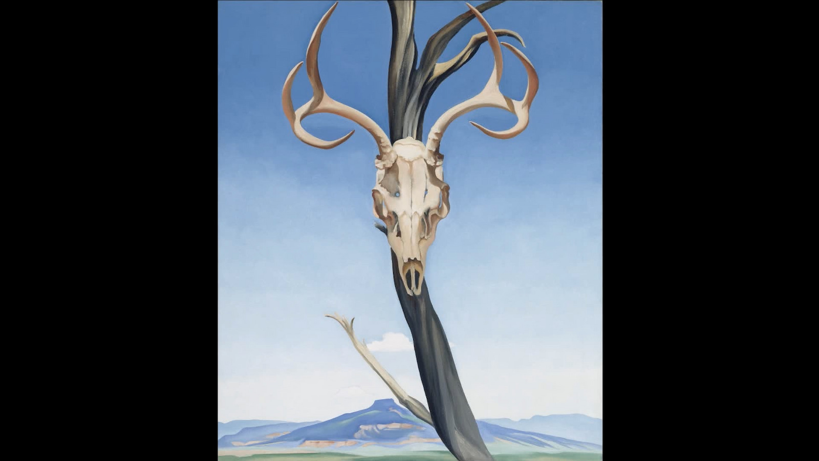 喬治亞．歐姬芙(Georgia O'keeffe, 1887-1986)的作品《Deers Skull with Pedernal》(1936)。圖／《藝術家與他的情人》
