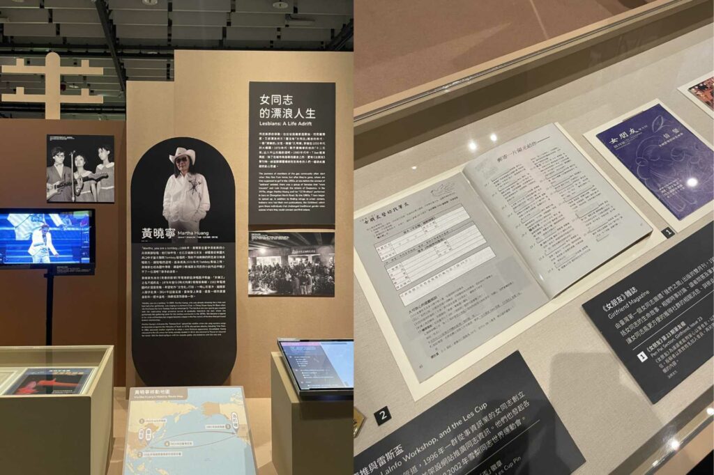 |〈國內線〉GATE 1970,女同志在 T Bar、交友刊物中建立認同,以有「女貓王」歌手之稱的黃曉寧(1944-2018)作為代表人物;下方為她的人生軌跡移動地圖。