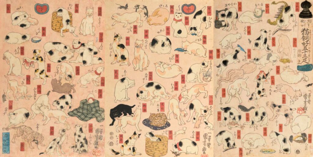 ｜歌川国芳《其のまま地口・猫飼好五十三疋》以日本地名為靈感發想，創作出對應的貓咪姿態。（圖／太田記念美術館）
