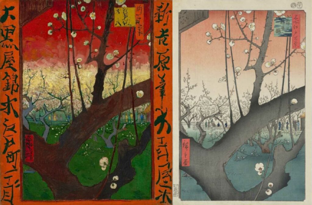 ｜梵谷臨摹浮世繪名家歌川廣重的《名所江戶百景：龜戶梅屋敷》。（圖／Van Gogh Museum 及故宮博物院 ）