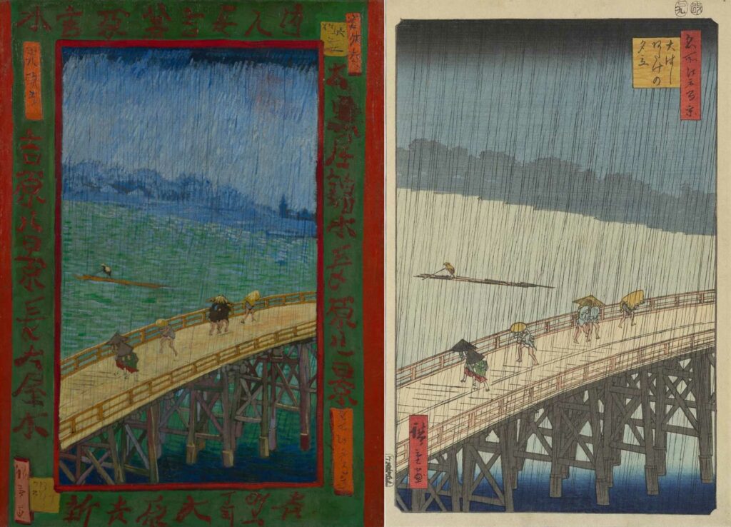 ｜梵谷臨摹浮世繪名家歌川廣重的《名所江戶百景：大橋安宅驟雨》。（圖／Van Gogh Museum 及故宮博物院 ）