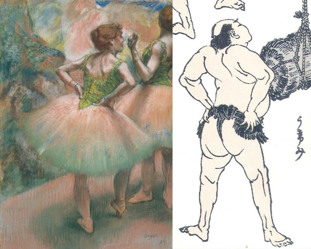 ｜左為印象派畫家竇加《舞者，粉紅和綠》，舞者儀態有《北齋漫畫》中人物插畫的影子。（圖／山形美術館及維基百科）