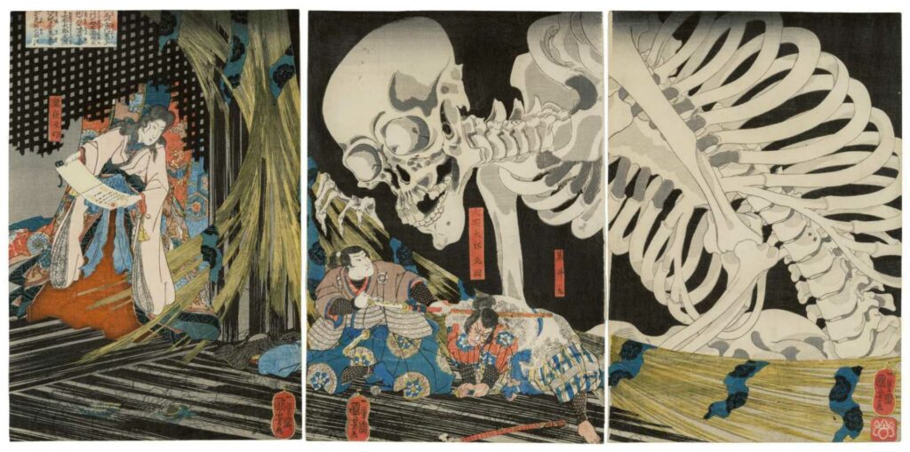 ｜歌川国芳《相馬古內裏》描繪瀧夜叉姬（左方女性）召喚巨大的骷髏嚇阻討伐的武士。（圖／波士頓美術館）