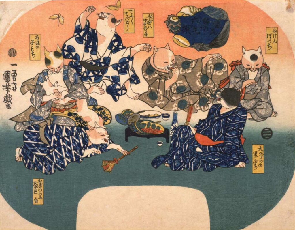 ｜歌川国芳《猫の六毛撰圖》將貓咪擬人化，呈現江戶人的生活風貌。（圖／東京国立博物館）