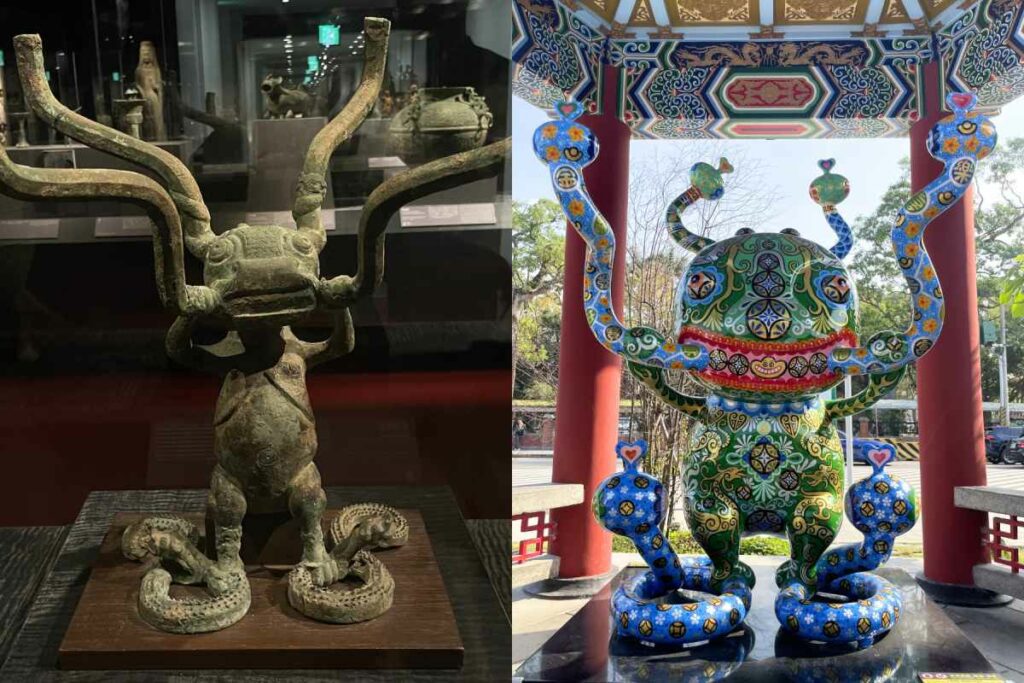 |2025 年,洪易以史博館的國寶典藏〈獸形器座〉(左)為靈感創作〈浪漫蛇穩〉(右)。