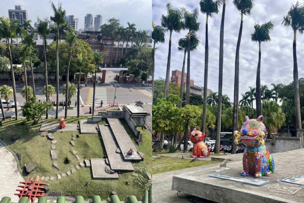 |臺灣工藝中心(臺北當代工藝設計分館)前方空地的〈有狗旺〉和〈旺旺來〉