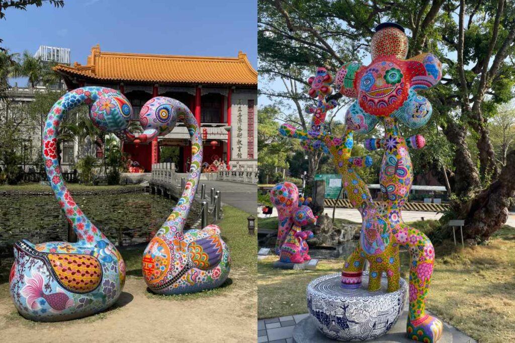 |左為藝教館水池前的〈天鵝之戀〉。右為史博館前的〈鬆鼠〉和〈公樹〉,巧妙安排在一棵樹齡超過 80 年的金龜樹旁。