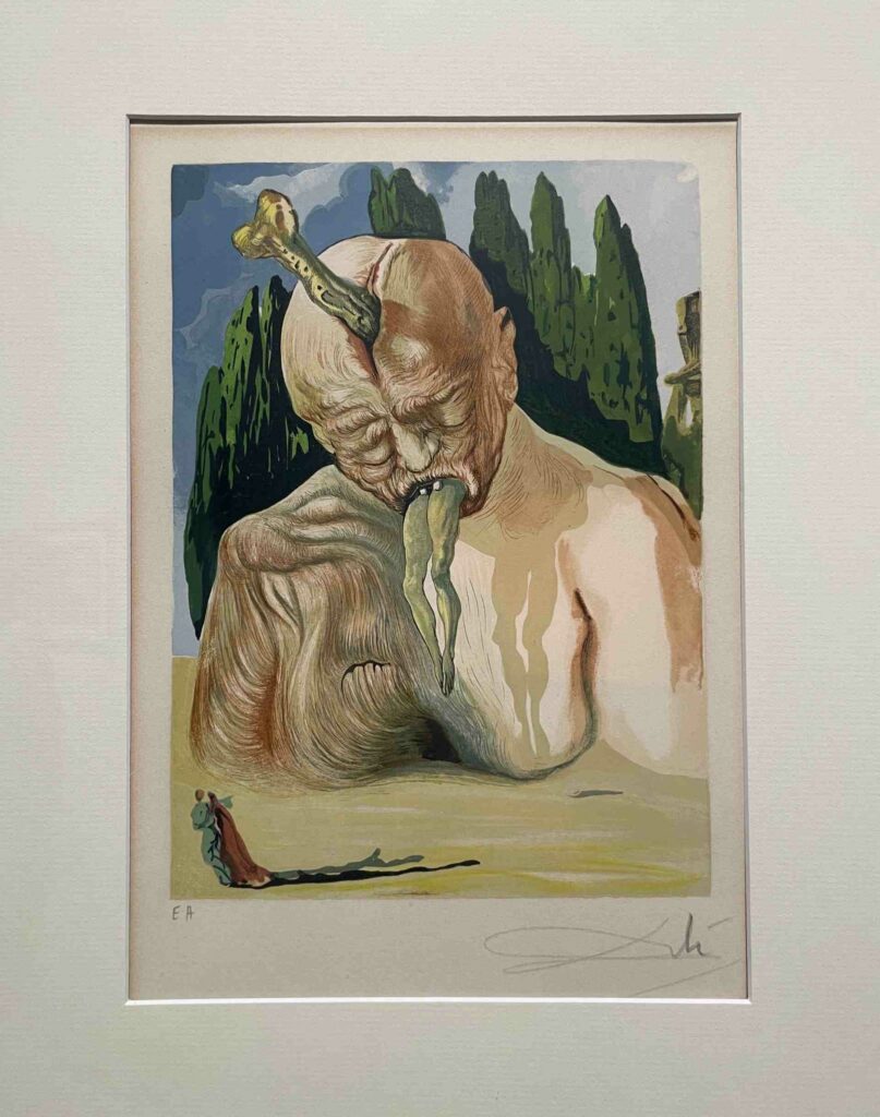 ｜薩爾瓦多・達利繪製《神曲》的插圖〈邏輯學家魔鬼〉（1960），讓一雙人類的腿，看起來就像惡魔分岔的舌頭。展示在「集體夢境」展區。