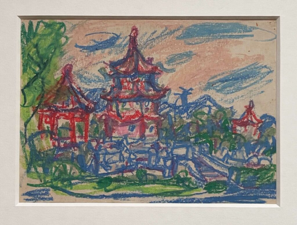 |廖繼春的蠟筆手繪草稿,和曾繪製過的建築相呼應。