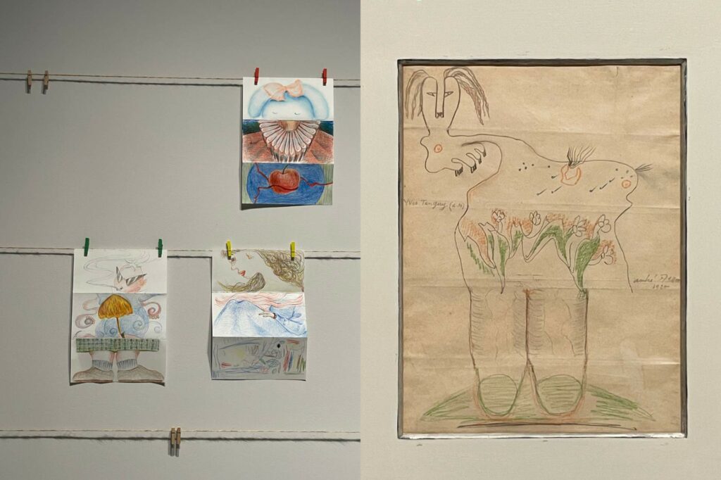 ｜左為觀眾留下的畫作，右為伊夫・唐吉、安德烈・馬森等人，共同創作的〈精緻屍體〉（1925）