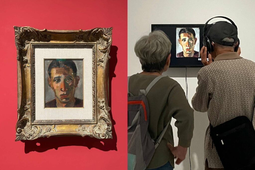 ｜〈新式教育中的啟蒙〉展區，展出陳植棋自畫像（1925-1930，家族收藏），同時播放紀錄音檔。另外還有國立臺灣交響樂團與國美館合作，重新編曲的〈後壁溝〉音樂影像。