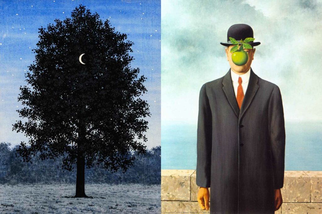｜雷內・馬格利特的〈9月16日〉（約1957）（圖／北美館）；右為他的名作〈人子（The Son of Man）〉，此件並非該展展件（圖／維基百科）