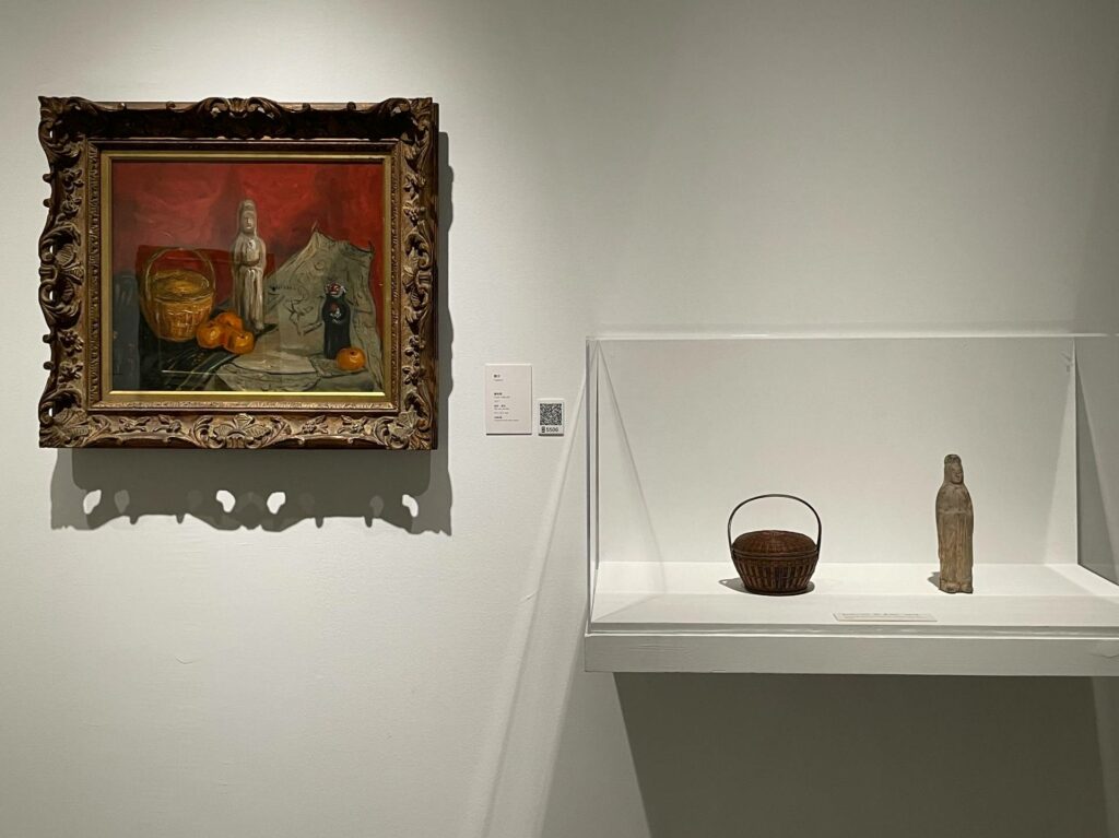 ｜〈觀音〉（1927，家屬收藏），以及作畫參考的竹籃、觀音像。