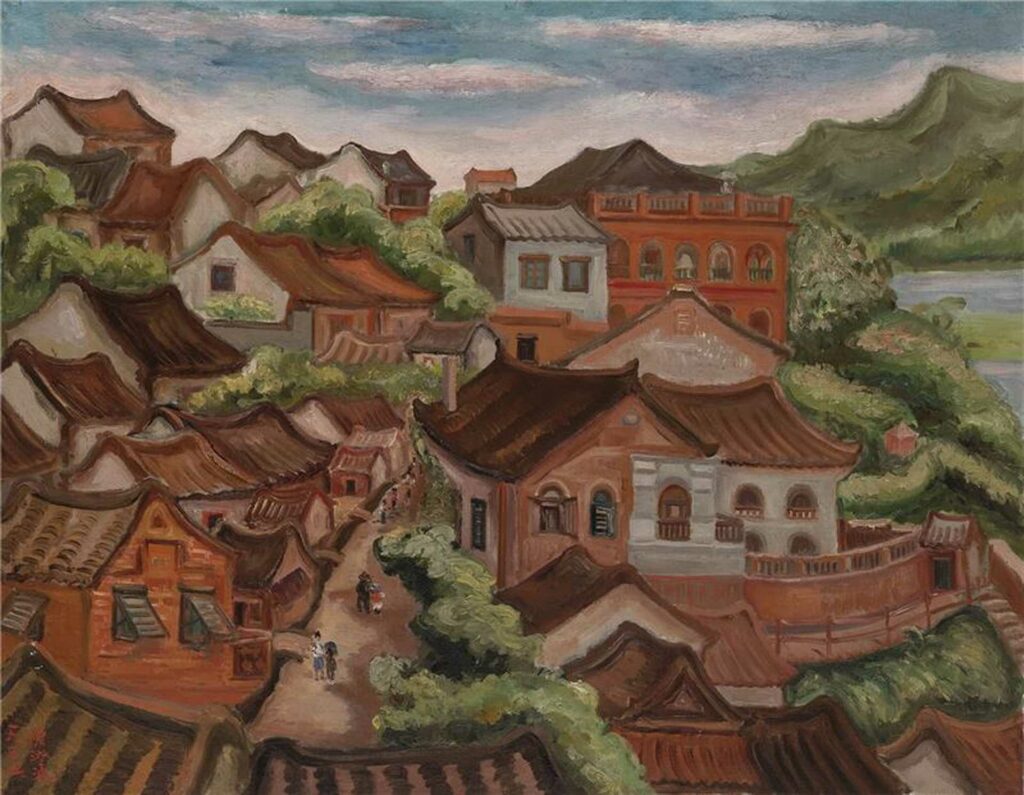 |陳澄波《淡水》,1935,右上方處,記錄到淡水紅樓。(圖/國美館典藏)