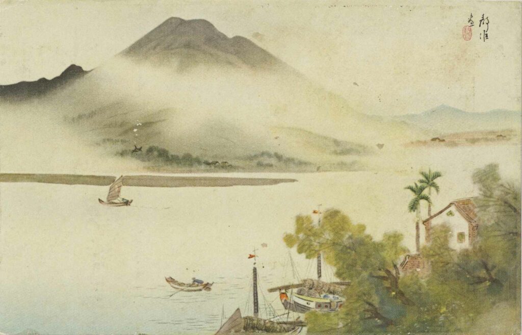 |《淡水雨後》(1935)明信片,由日本畫家木下靜涯所繪,以長年描繪淡水風貌著名。(國立臺灣歷史博物館)
