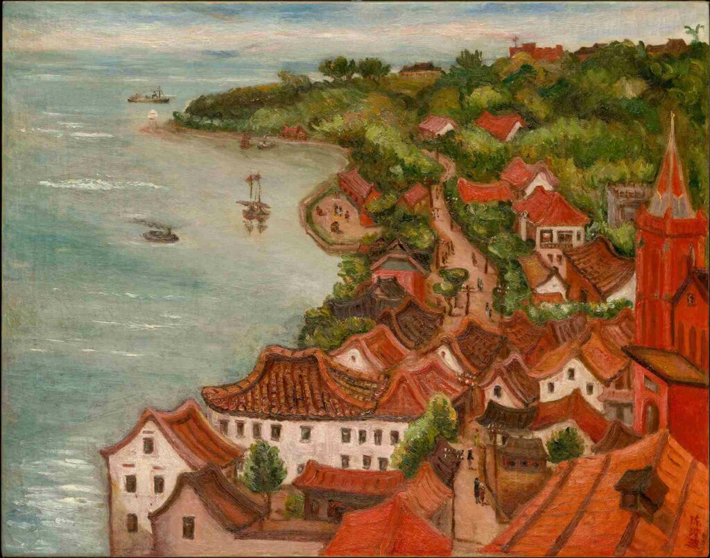 |陳澄波名作《淡水夕照》,1935-1937,記錄到紅毛城、淡水禮拜堂等建築。(圖/財團法人陳澄波文化基金會)