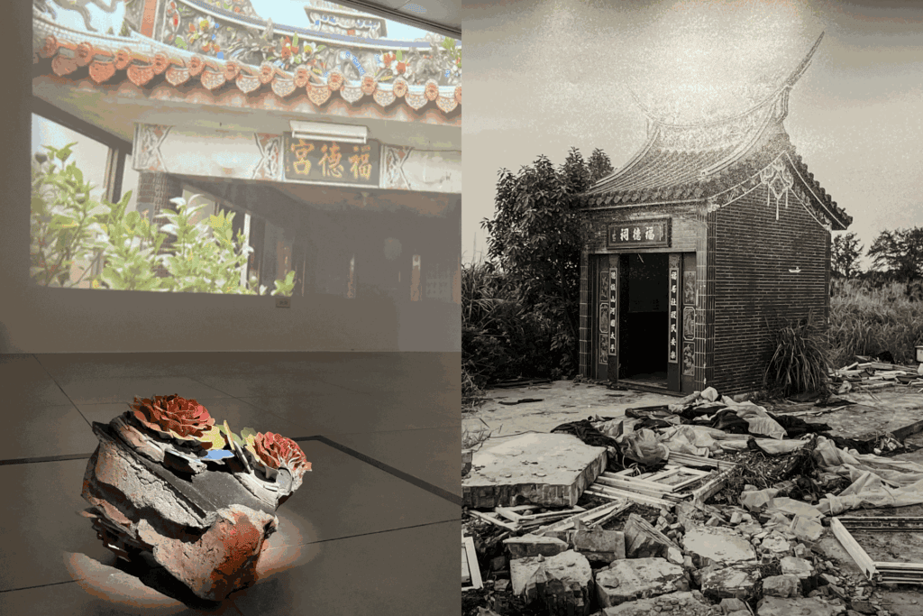 |林彥翔《土地神離開的那晚》(2026),展示土地公廟留下的殘骸。