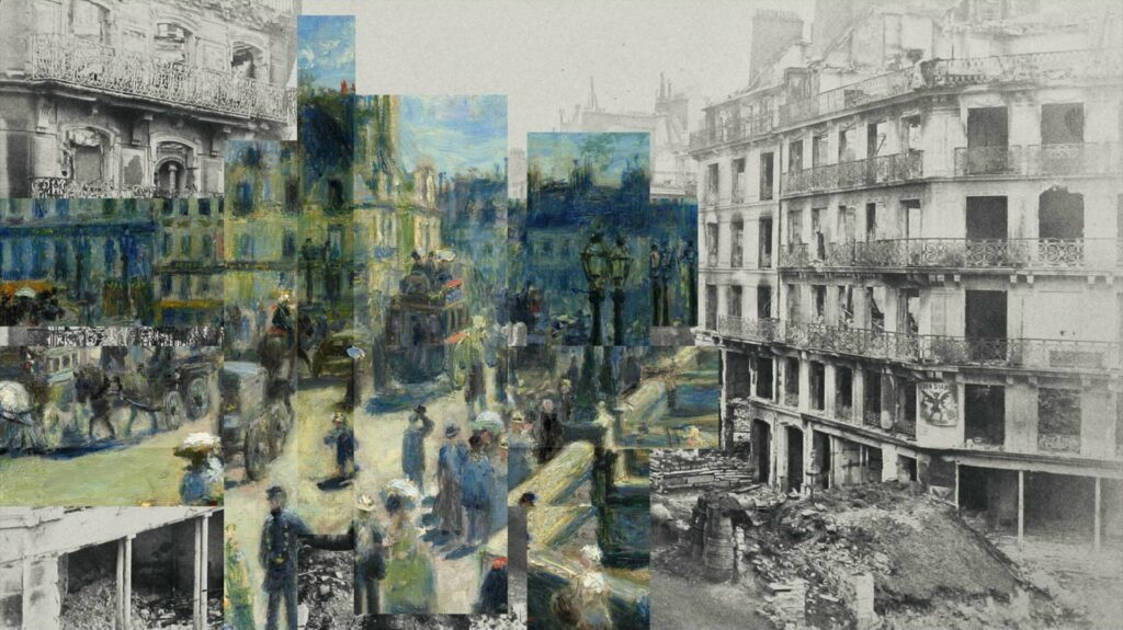 紀錄片將巴黎公社後的城市影像,與雷諾瓦《新橋,巴黎》(Pont Neuf, Paris,1872)交疊。現實中的巴黎才歷經戰火與廢墟,雷諾瓦筆下卻是陽光下往來漫步的人群。
